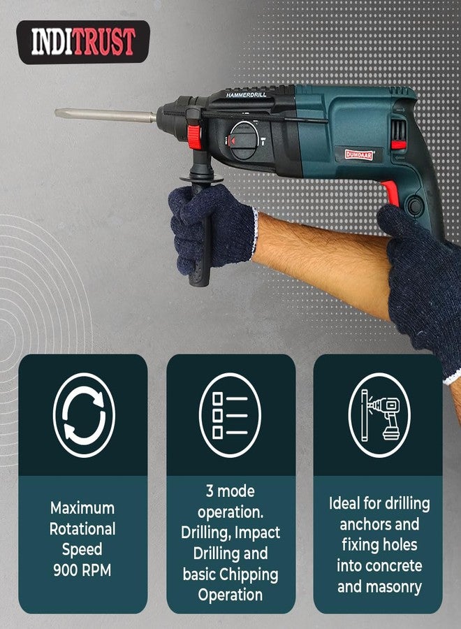 Inditrust مثقاب مطرقي Inditrust DUMDAAR DM26 بقوة 1250 واط وقطر 26 مم مع رؤوس مثقاب SDS وأزاميل (أزرق) ملفوف بنسبة 100% من النحاس - Image 3